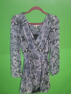 Stunning Lavender Brown long sleeve mini dress in a striking blue and gray snake